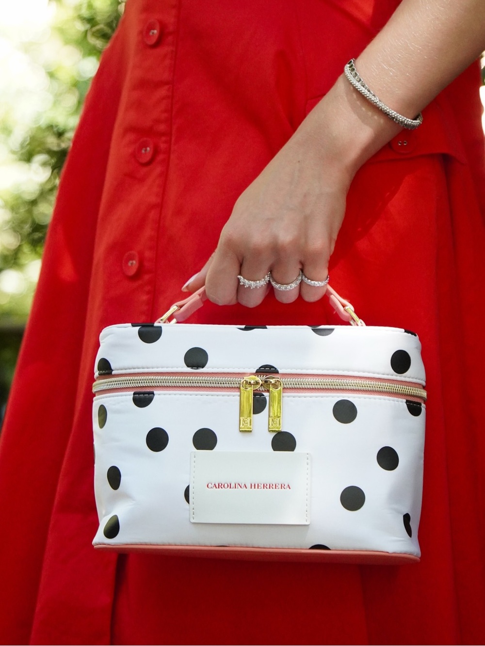 Carolina Herrera White Polka Dot Cosmetic Train Case with Pink Handle